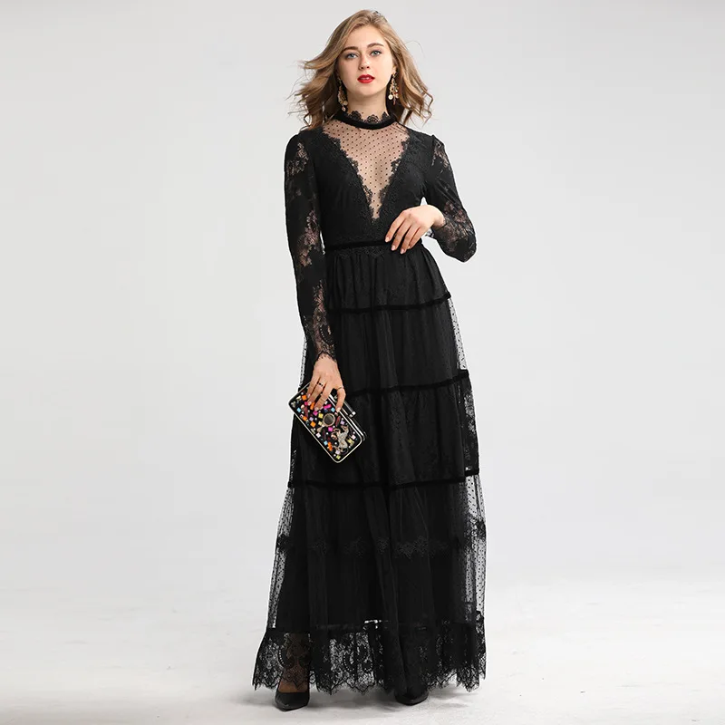 Женское длинное вечернее платье в горошек черное красное макси пол с длинным