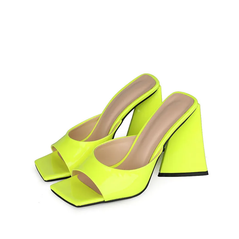 

2021 high heel open toe slippers summer new fashion personality square stripe back empty slippers women's shoes