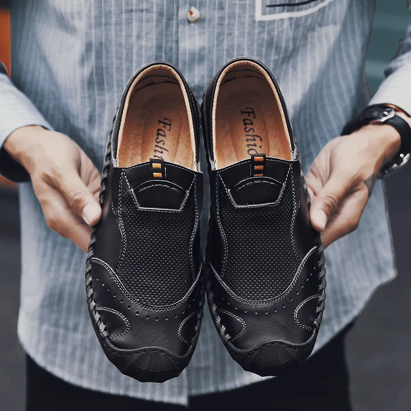 Мужские кожаные повседневные туфли удобные слипоны лоферы мужские для вождения
