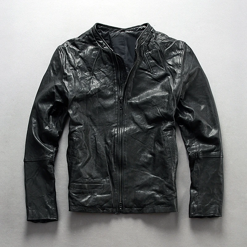 

stand collar slim fit genuine jacket men black sheepskin coats zipper men's coat autumn leather clothing