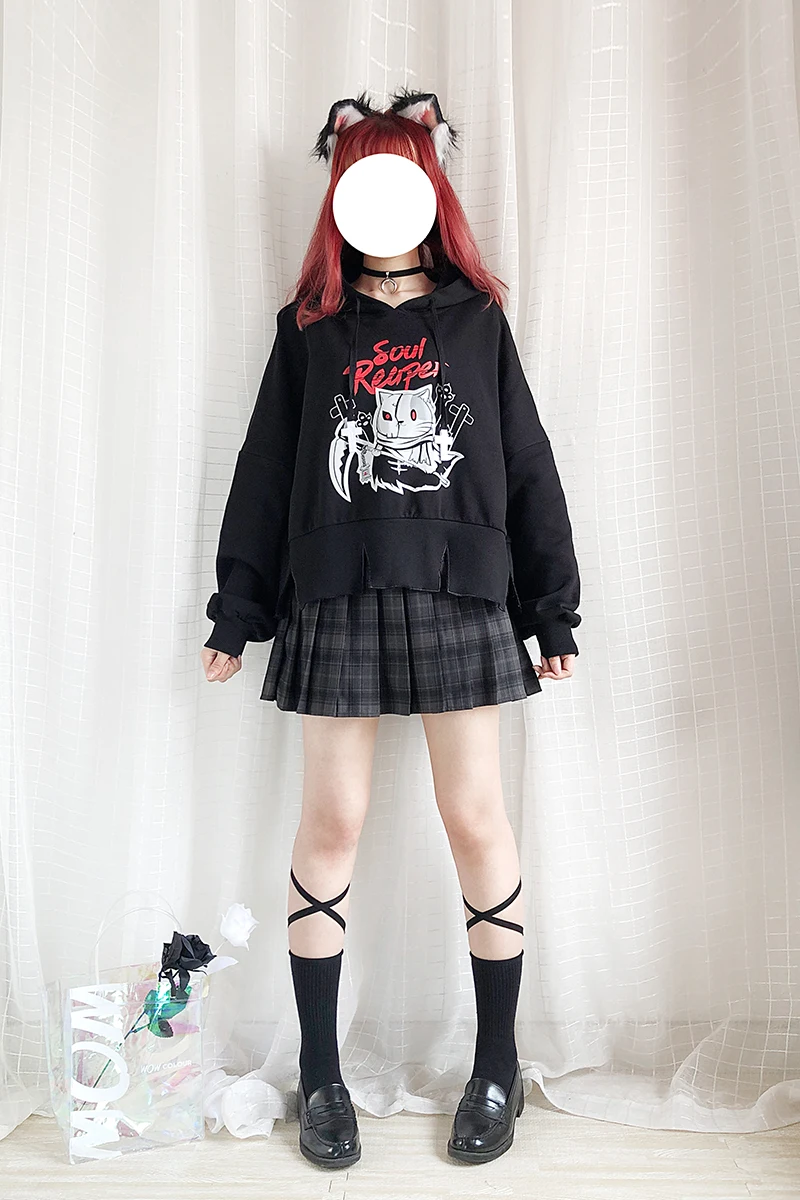 

Diablo Hoodies Women Loose Hooded Irregular Bat Sleeve Pullover Girl Autumn Winter Gothic Cat Print Tops Student Outer Hooded