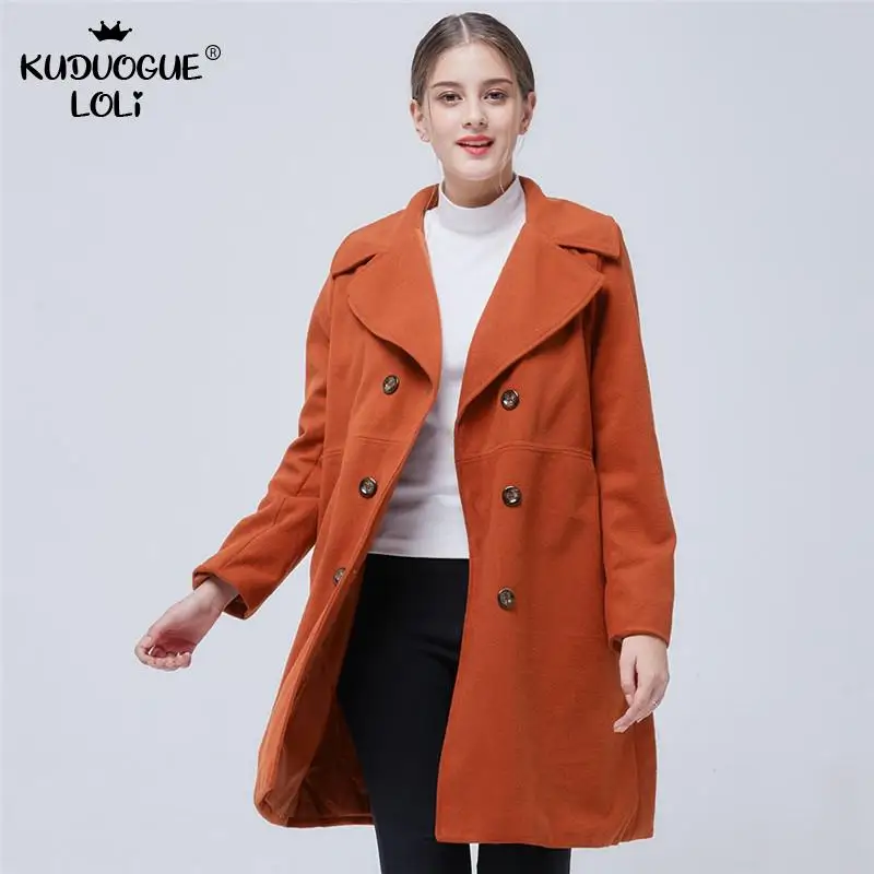 

Женское длинное пальто с лацканами, однотонная куртка средней длины, шерстяное пальто, двубортный Универсальный Тренч для офиса