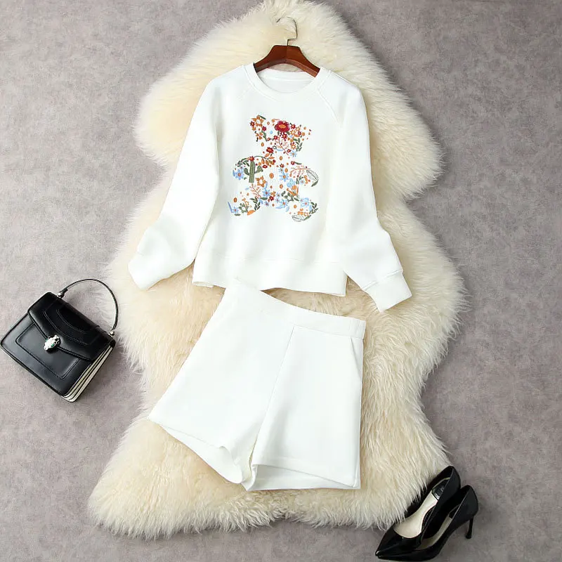 

2021 Autumn Winter Clothes Women 2 Piece Short Set Brand Casual Fairy Grunge Bear Embroidery Hoodie Sweatshirt High Waist Shorts
