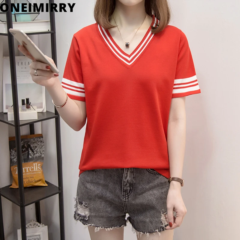 

Oneimirry Plus Size Women Clothes V-Neck Tops T Shirts Fashion Stripe Korean Kpop Tees Female Casual Black Red Tshirt Summer2021