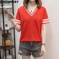 oneimirry plus size women clothes v neck tops t shirts fashion stripe korean kpop tees female casual black red tshirt summer2021