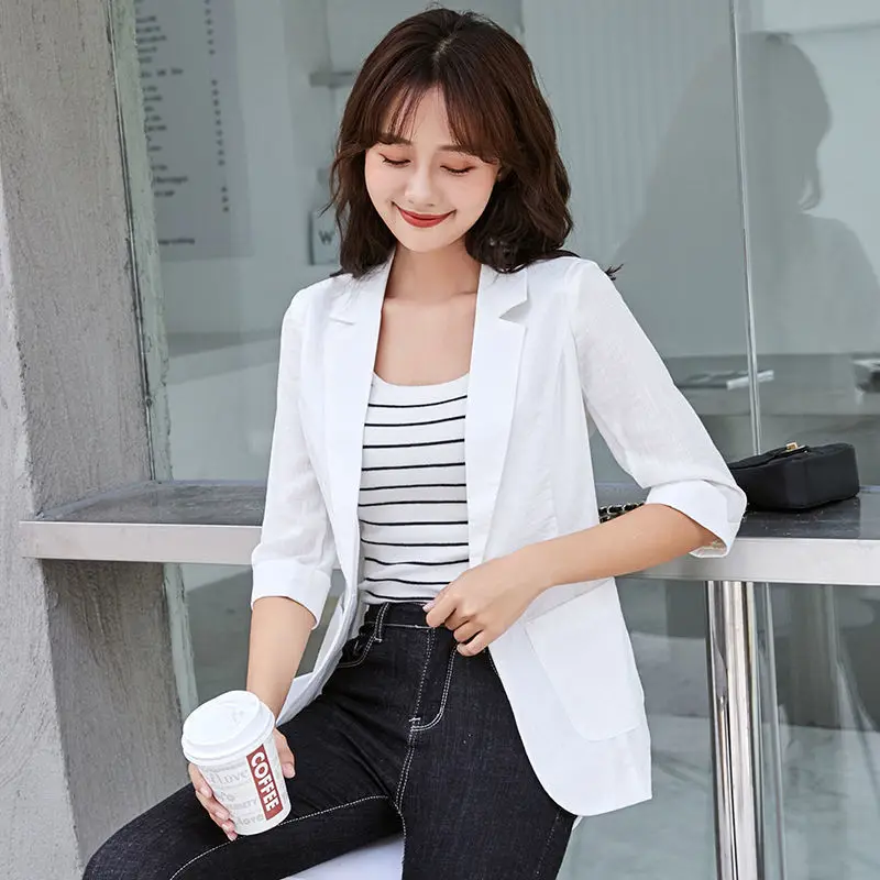 

Summer Pure Color Small Suit Jacket For Women 2021 New Korean Style Slim Sweet Versatile Single Button Three Quarter Sleeve Coat