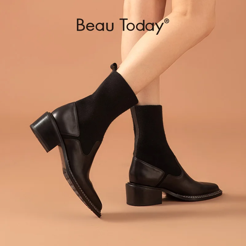 

BeauToday Women Sock Boots Calfskin Leather Knit Fabric Ankle Length Pointed Toe Shoes Female High Heel Boots Handmade 02410