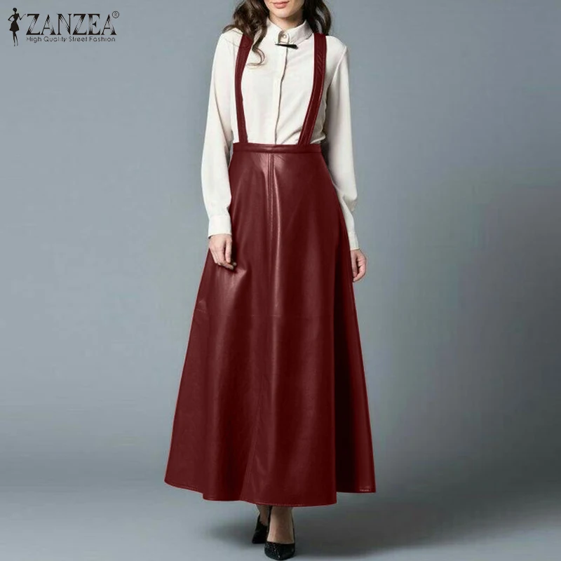 

ZANZEA Dungarees PU Leather Skirt Womens Fashion Holiday Skirts Female Elegant OL Solid Skirts Office Lady Zipper Long Skirt