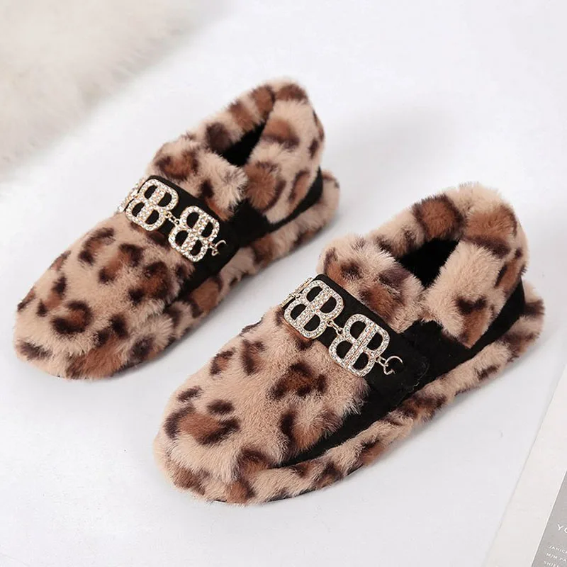Зимняя Теплая обувь для женщин новинка плюшевая с леопардовым принтом без