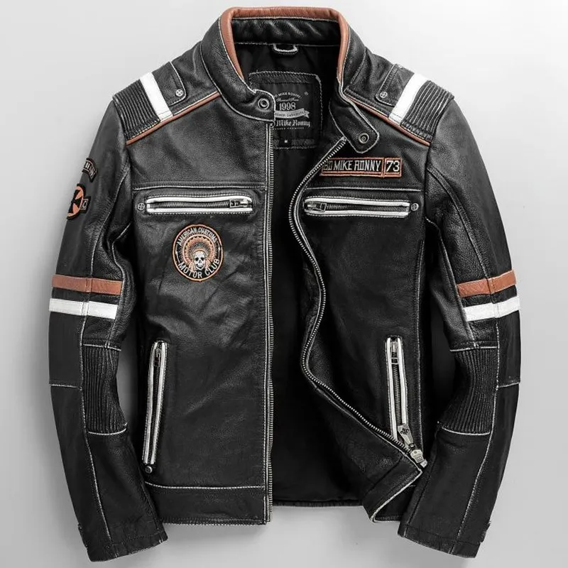 

2020 Vintage Black Men American Style Biker's Leather Jacket Plus Size 5XL Genuine Cowhide Autumn Slim Fit Motorcycle Coat