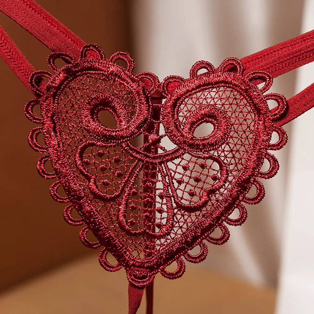 New Embroidery Flower Pearl Massage Panties Sexy Lingerie Sex Thongs Women's Open Crotch Love Heart Transparent Underwear