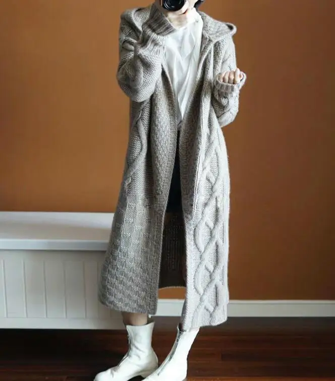 Woherb, длинный кардиган, Женский вязаный свитер с капюшоном, Свободный Длинный осенний джемпер, свитера, пальто, верхняя одежда, Pull Femme 20482 - Цвет: Серый