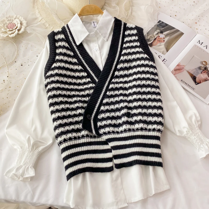 

YIZZHOY Spring Autumn Solid Long sleeve Polo-Neck Single Breasted Shirt+Sleeveless V-neck Striped Knitted Sweater two Piece Set