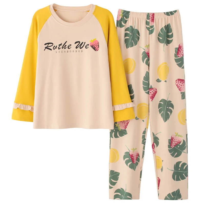 New Large Size Long Sleeve Pajamas Sets Women Nightgown Spring Autumn Cotton Lovely Cartoon Leisure Home Wear Sleepwear Suit