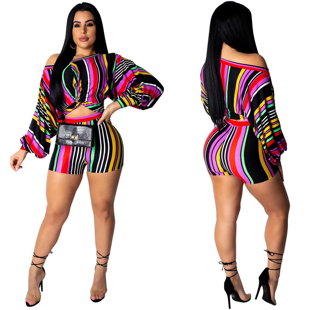 

Striped Print Women 2 Piece Set Puff Long Sleeve Oblique Slash Neck Ruched Crop Top+Tight Shorts Casual Lady Set Outfit
