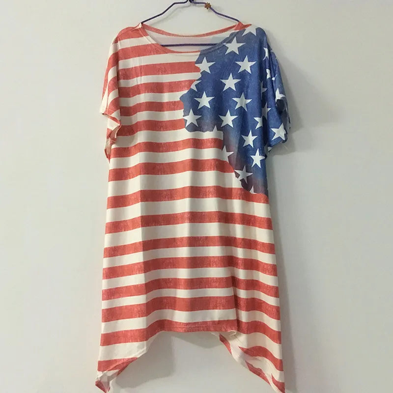 

Plus Size 5XL Women American Flag Asymmetric T-Shirt O Neck Striped Short Sleeve Summer Tops Fashionable Casual Female Tees
