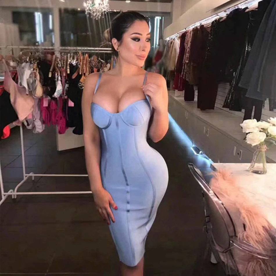 Женское Бандажное платье из искусственного шелка голубое облегающее