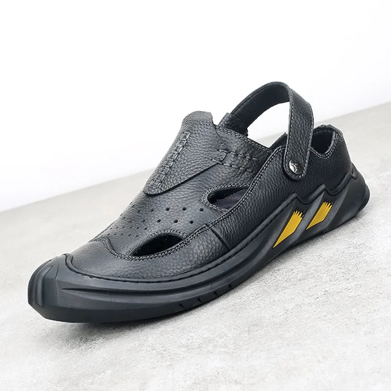 

Vintage Summer Men's Soft-Soled Genuine Leather Sandals Slippers Elastic Band Casual Beach Shoes Hand-made Hole Anti-Slip Shoes