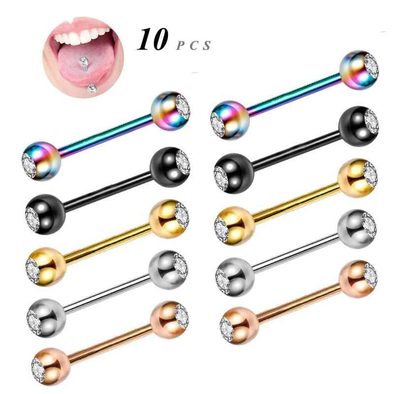 

OIMG New Trendy Stainless Steel Tongue Rings Bars Straight Barbell Tongue Piercing Shiny CZ Crystal Piercing Jewelry for Women