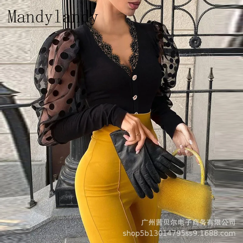 

Mandylandy Shirt Autumn Fashion Puff Sleeve V-neck Single Breasted Transparent Shirt Womens Casual Lace Slim Fit Patchwork Shirt
