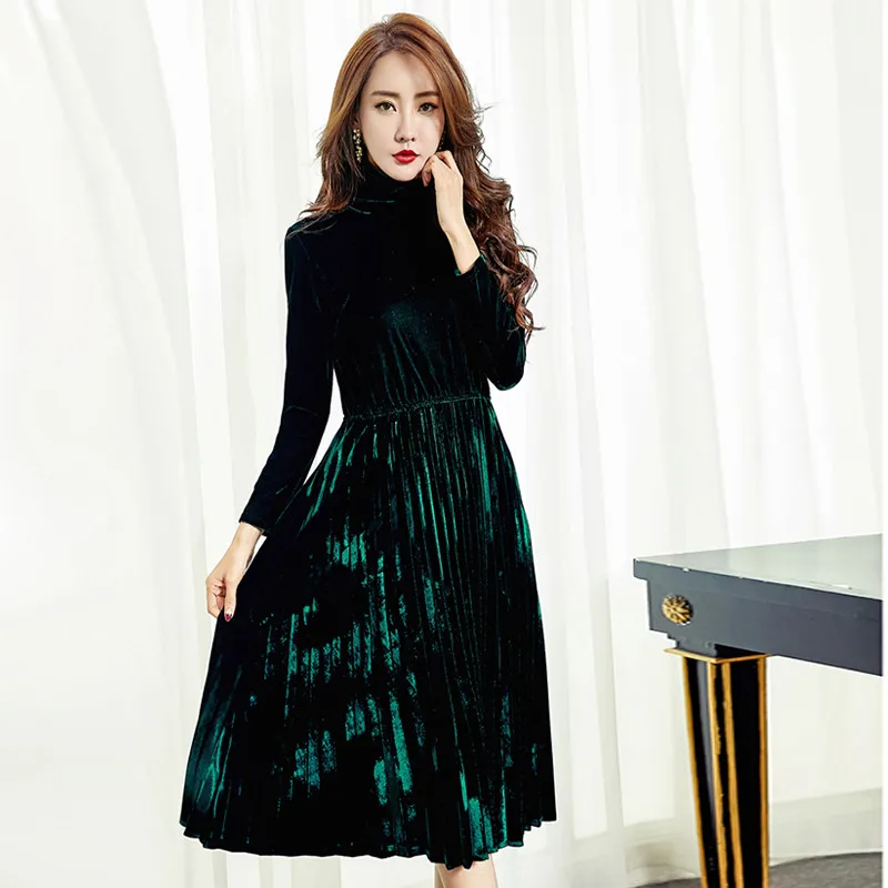 Мода 2020 бархатные женские осенне-зимние плиссированные винтажные платья Зеленое