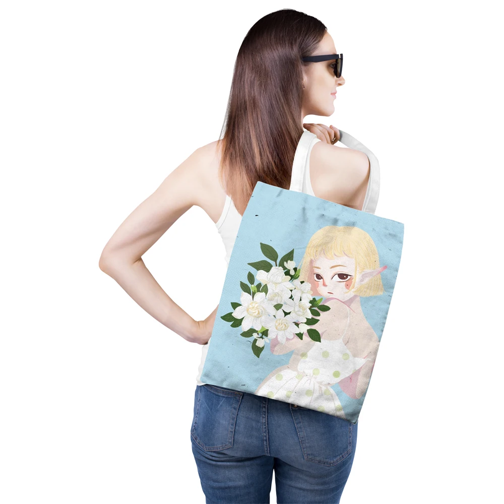 

Women Tote Bag Canvas Shopper Bag Cloth Girl Print Folding Fabric Eco Shopping Bag