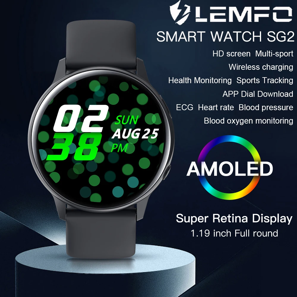 Смарт часы LEMFO с HD экраном 390*390 беспроводные IP68 пульсометром и артериальным