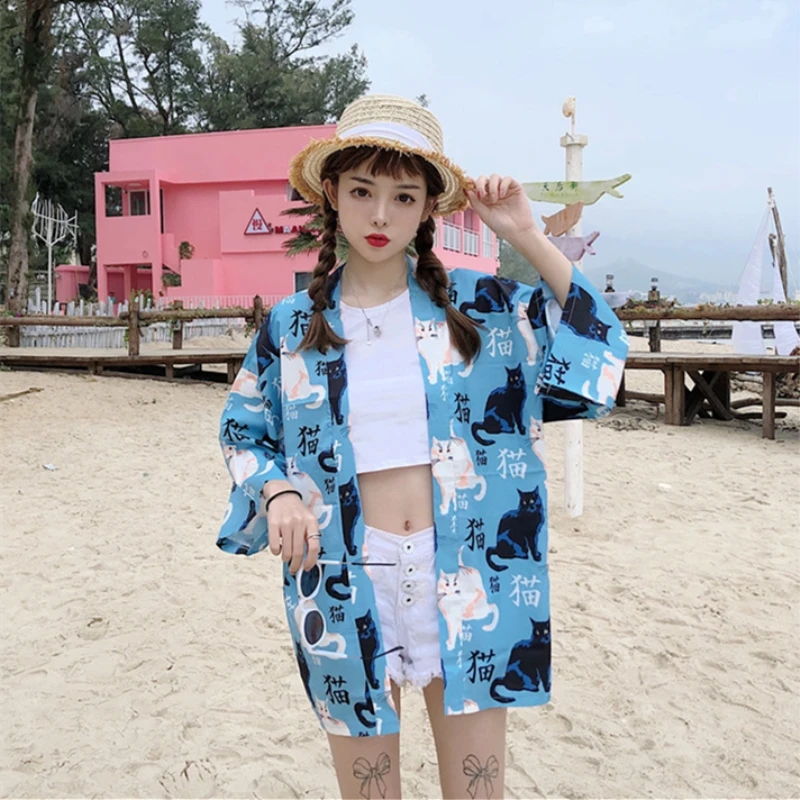 Женское летнее кимоно Свободный кардиган в японском стиле с изображением кота