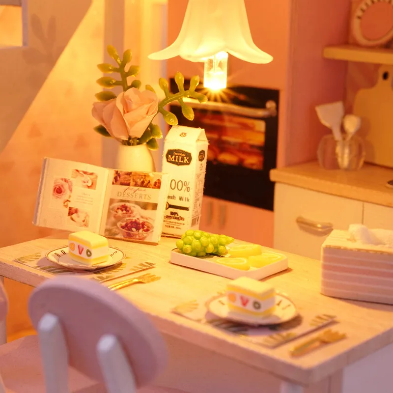 

DIY Wooden Doll House Assemble Toy Wooden Miniature Dollhouse Miniatura Doll Apartment Villa With Furniture LED Lights Toys Gift