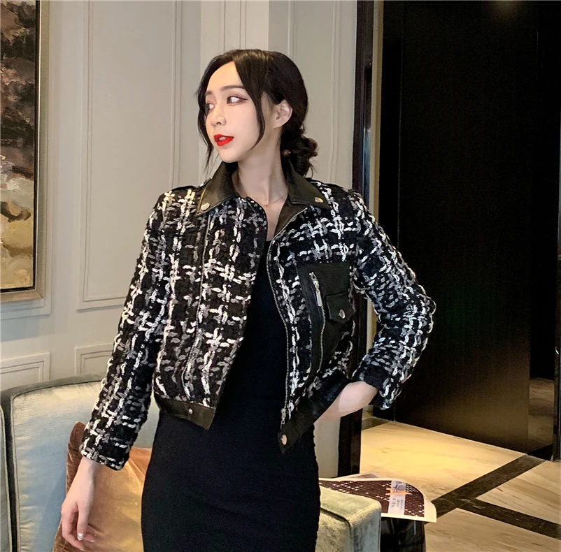 Женское черное клетчатое пальто куртка из искусственной кожи на молнии с большим