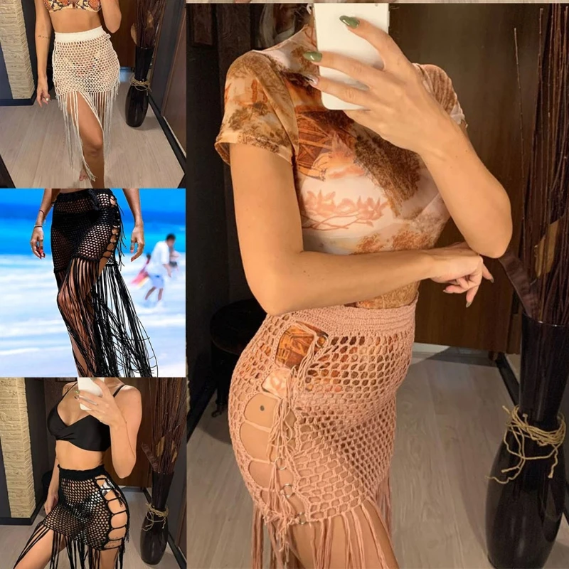 

Women High Waist Sexy Sheer Hollow Out Beach Maxi Skirt Crochet Knitted Long Fringe Tassels See-Through Bikini Cover Up