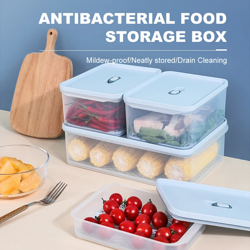 

Fridge Organizers Fresh Keeping Storage Box Freezer Antibacterial Sealed Food Container with Lid Kitchen Reusable Crisper Basket