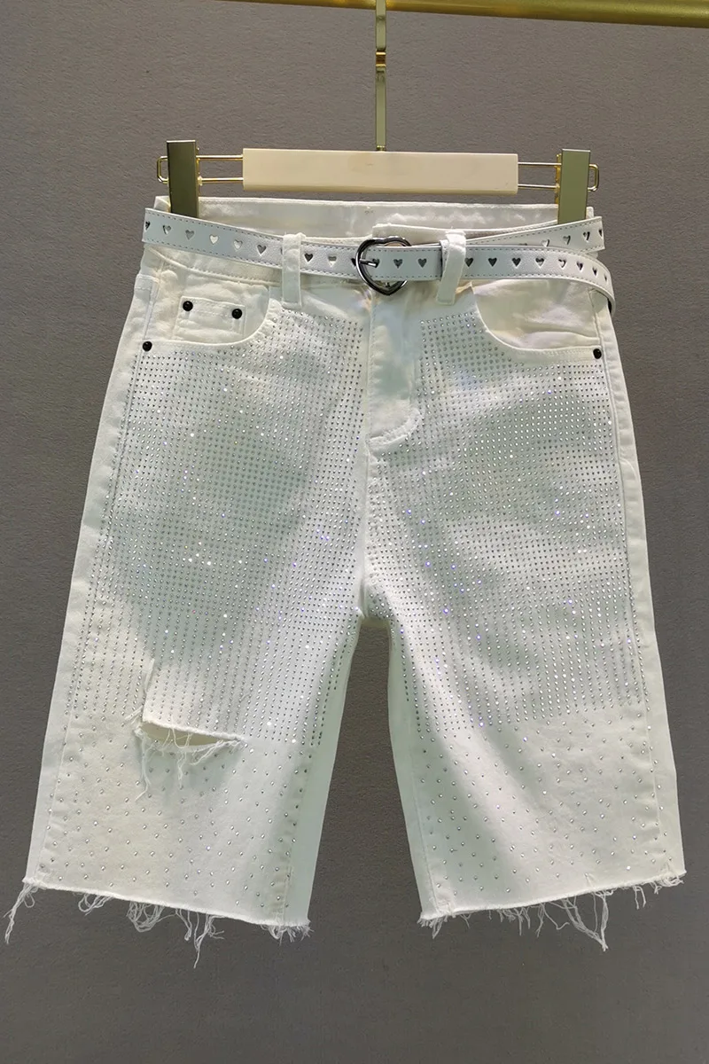 

2021 Summer New Elastic Slim Fit Slimming Heavy Industry Ripped Rhinestone Denim Shorts Women's Thin Cropped Pants