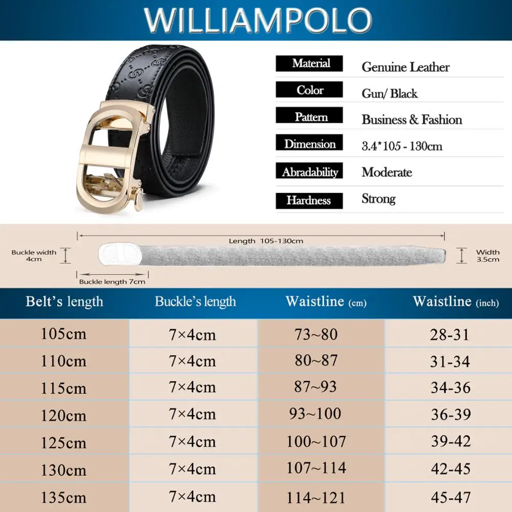 Мужской ремень WILLIAMPOLO деловой повседневный кожаный с автоматической пряжкой