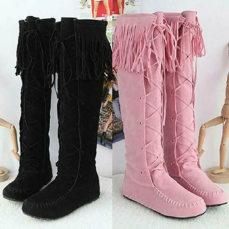 

Womens Knee High Boots Tassels Pull On Flats casual Moccasin Knight Shoes
