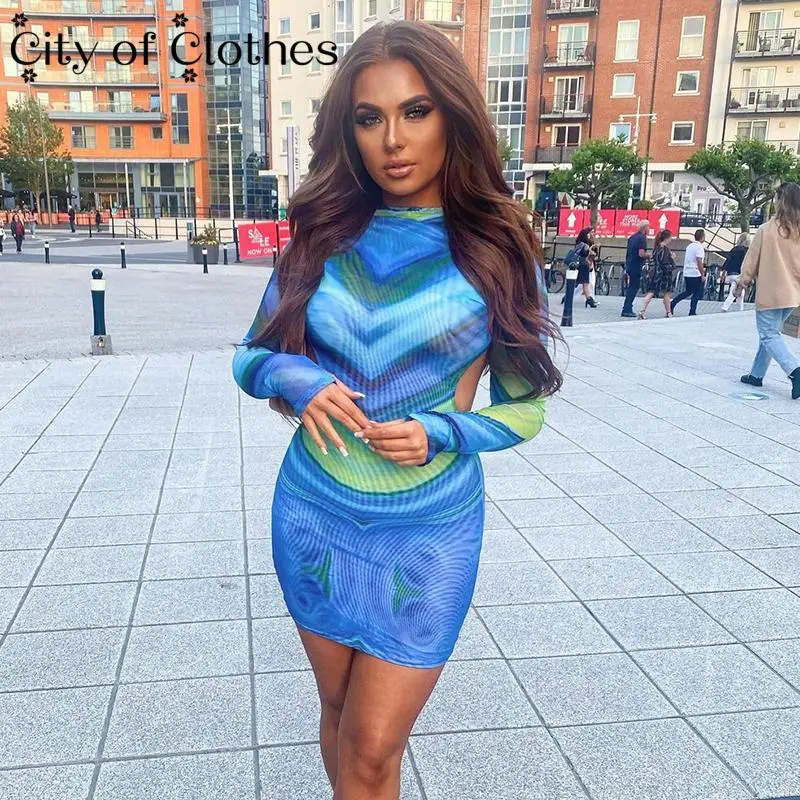 

Beach Leisure Vacation Bodycon Mini Dresses for Women 2021 Summer Print Long Sleeve Backless Mixi Mesh Dress Female Outfits
