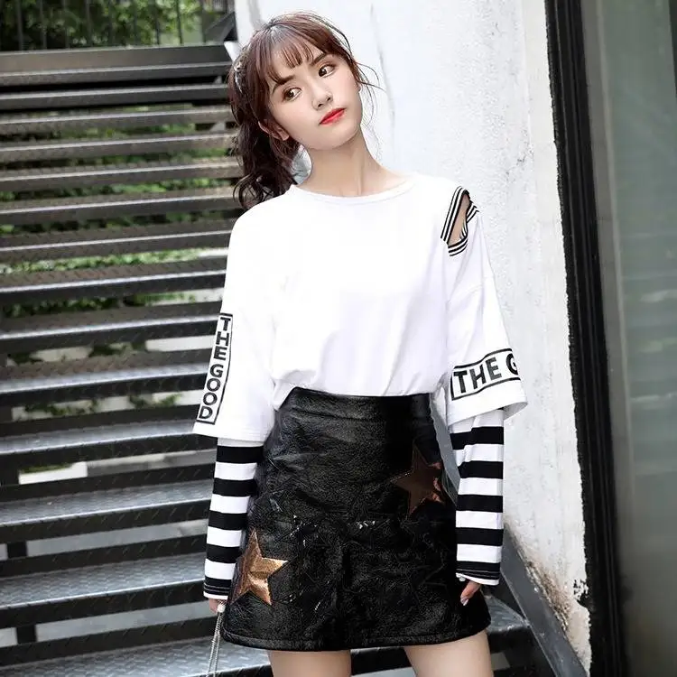 

Japan Hip Hop T-shirts Men Women Funny Casual Long Sleeve Strip Harajuku Tshirt Streetwear Women Fake two piece T shirt Girls