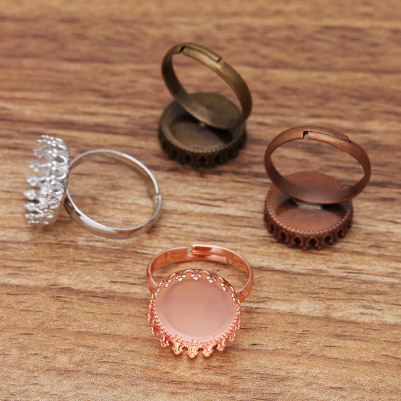 200pcs Copper Adjustable Ring Settings Base with 15mm Circle Crown Bezel Tray Cameo Cabochons Base Blanks DIY Jewelry Making