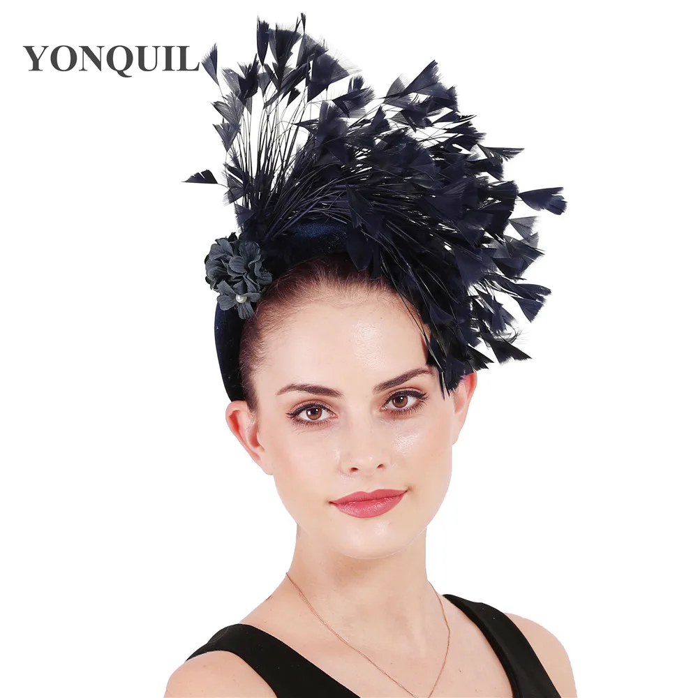 

Thick Velvet Headbands Navy Blue Feather Cocktail Hairbands For Woman Event Dinner Party Women Hair Accessories Fashion Headwear