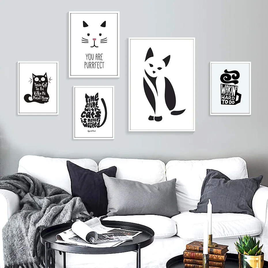 Абстрактная живопись на холсте с котом черно белые постеры животными