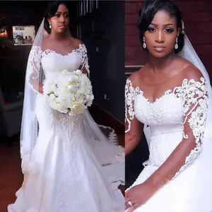 African Nigeria Mermaid Wedding Dresses With Sleeves O Neck Lace Boho Country Wedding Dress Big Size Bridal Gown robes de marié