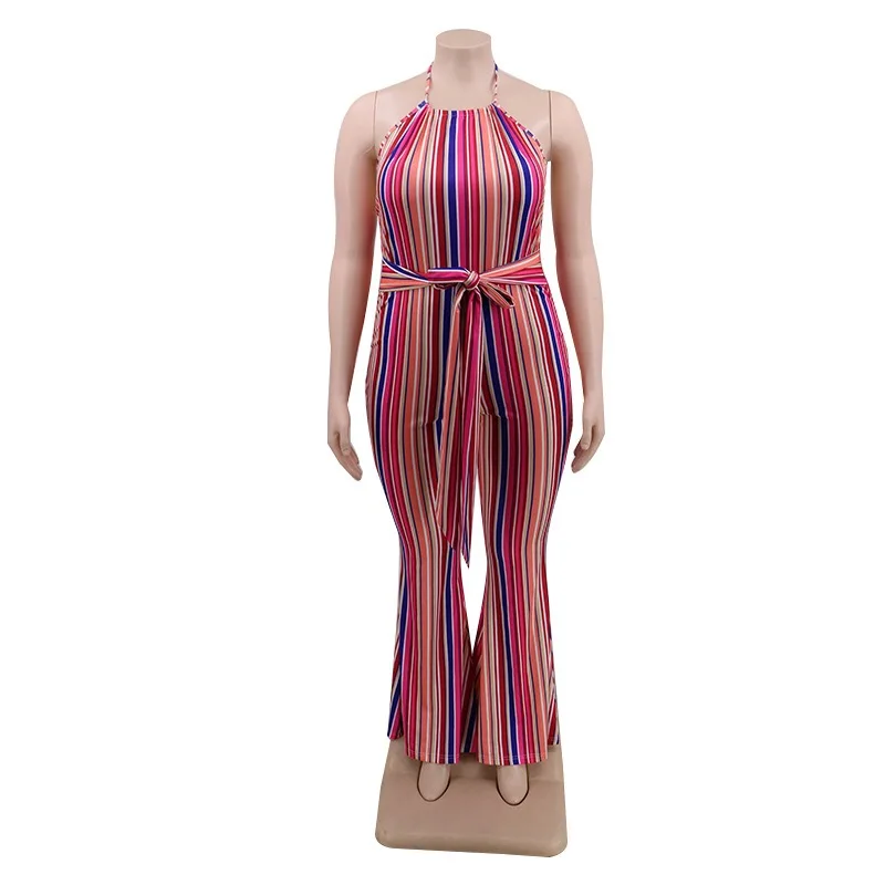 Pink Striped Jumpsuits 4xl 5xl Plus Size Halter Backless With Sashes Long Sexy Elegant For Evening Party Night Club Rompers New