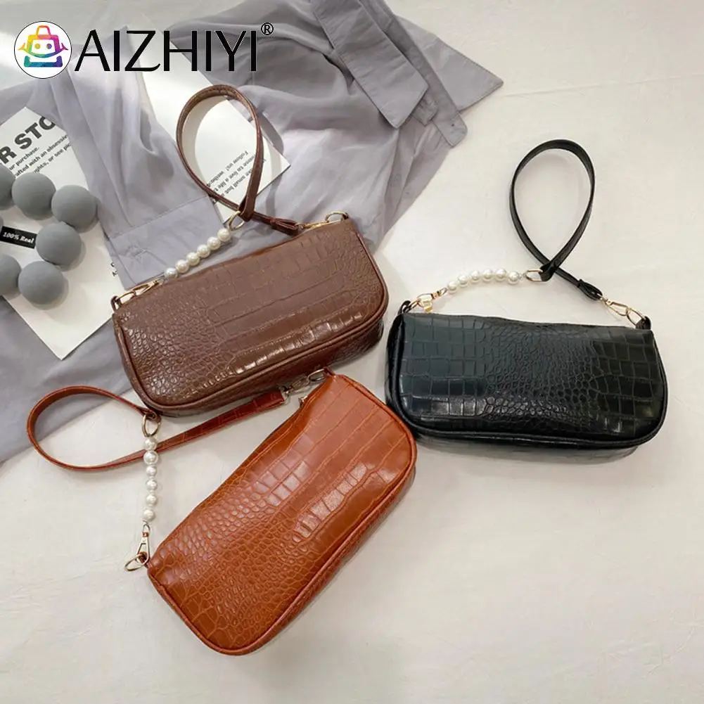 

Винтажные женские кожаные сумки с тиснением под кожу аллигатора, роскошная сумка-мессенджер с цепочкой, однотонные сумки через плечо с жемч...