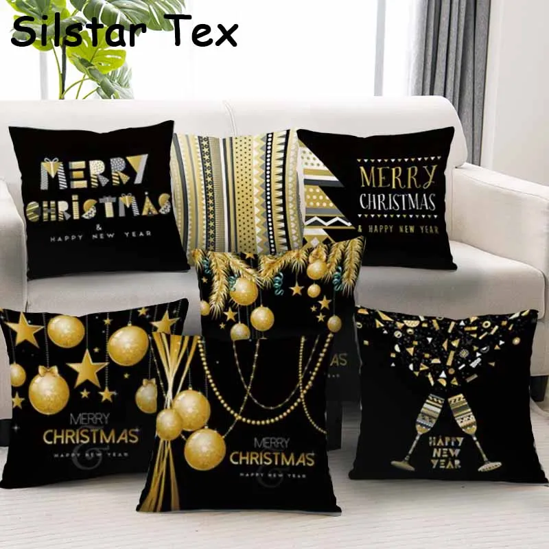 

Silstar Tex Merry Chrismas Pillow Case Black Gold Cushion Cover For Sofa Home Bedroom Office Chair Decor