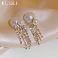 bilandi s925 needle delicate jewelry simulated pearl earrings pretty design crystal tassels drop earrings for girl lady gifts