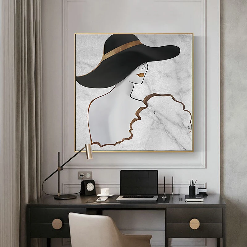 Модная белая и черная нежная девушка в шляпе абстрактная Современная