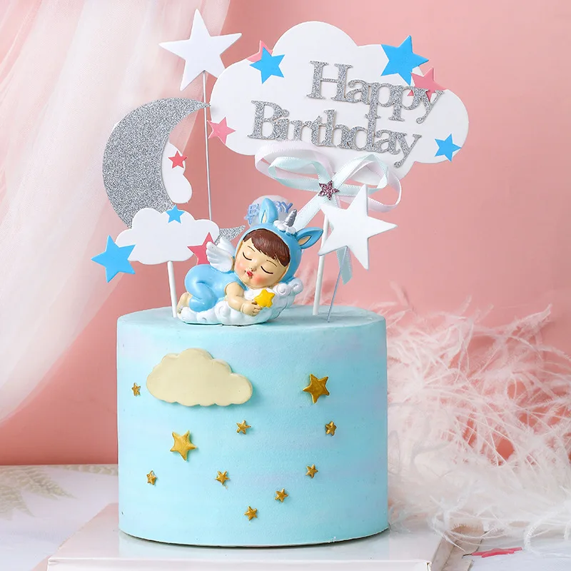 

Звезда, серебряная луна, комбинированный Топпер для торта на день рождения, белые облака, детский душ, аксессуары для торта, украшение для ве...