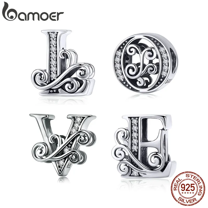 BAMOER 925 пробы серебро с любовными посланиями, буквенным принтом и сердцем бусины шарма Браслеты DIY Аксессуары подарок девушке BSC030-L