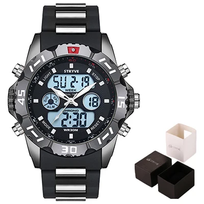 plastick black w box Stryve 8011 Relojes брендовые водонепроницаемые военные спортивные часы мужские Цифровые кварцевые часы из нержавеющей стали с двойным дисплеем montre homme - Цвет: plastick black w box