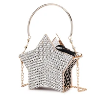 luxury diamond silver star design evening clutch bag for women new hollow out small metal cage ladies chain purses and handbags
